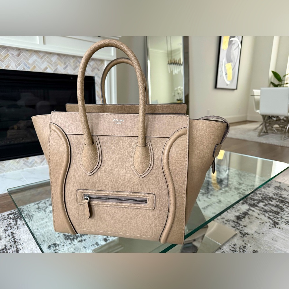 Authentic CELINE Taupe Mini Luggage Tote, Drummed Calfskin Leather, 165213DRU